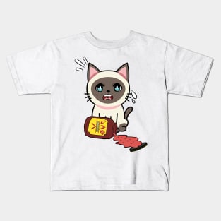 Funny siamese cat Spills BBQ Sauce Kids T-Shirt